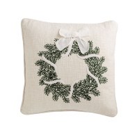 18" Sq Green Wreath With a White Bow Decorative Christmas Pillow by Mud Pie