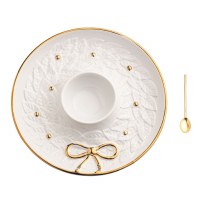 11" Round White and Gold Ceramic Chip and Dip Dish With a Spoon by Mud Pie