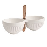 9" White Two Compartment With a Slot for a Spreader Ceramic Dip Bowl by Mud Pie