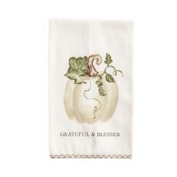 26" X 16" "Grateful & Blessed" White Pumpkin Kitchen Towel by Mud Pie