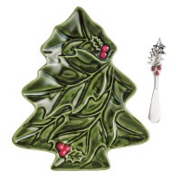 10" x 8" Green Ceramic Christmas Tree Dish With a Spreader by Mud Pie