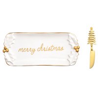 4" x 9" White and Gold Ceramic "Merry Christmas" Holly Dish by Mud Pie