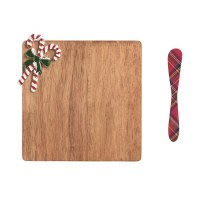 7" Sq Mango Wood Board With a Candy Cane Accent and a Spreader by Mud Pie