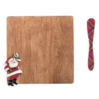 7" Sq Mango Wood Board With a Santa Claus Accent and a Spreader by Mud Pie