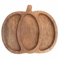 8" Brown Three Compartment Mango Wood Pumpkin Shaped Decorative Dish