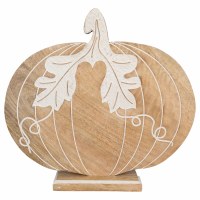 12" Natural and Cream Flat Mango Wood Pumpkin on a Pedestal