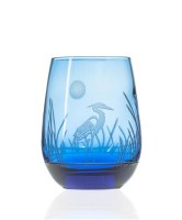 15 Oz Blue Etched Heron Stemless Wine Glass