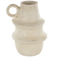 15" Distressed White Double Ribbed Ceramic Vase With a Handle