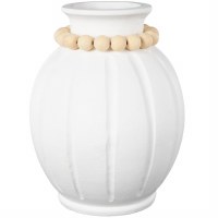 15" White Ceramic Ribbed Vase With a Natural Beaded Rim