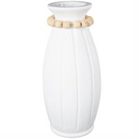 21" White Ceramic Ribbed Vase With a Natural Beaded Rim