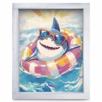 12" x 8" Floating Shark Coastal Print in a White Washed Wood Frame