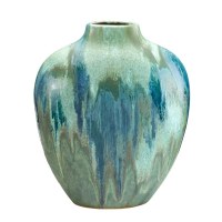 15" Green and White Drip Ceramic Vase
