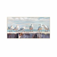 30" x 60" Six Seagulls on Pier Framed Coastal Canva