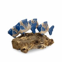 8" Four Blue and Whitewash Mango Wood Fish on Driftwood Sculpture