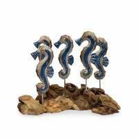 9" Five Whiteewash and Blue Mango Wood Seahorses on Driftwood Sculpture