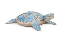 Large Blue and Whitewash Mango Wood Sea Turtle Figurine