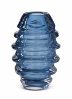 10" Blue and Clear Ribbed Glass Vase