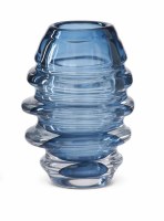 7" Blue and Clear Ribbed Glass Vase