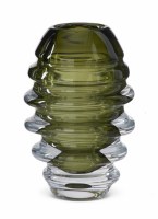 10" Green and Clear Ribbed Glass Vase