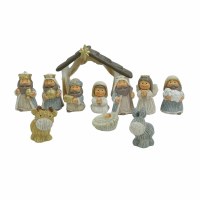 Set of 11 3" Antiqued White and Blue Nativity