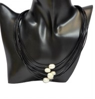 18" Black Six Strand Leather Necklace With Freshwater Pearls