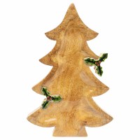 12" Brown and Green Mango Wood Christmas Tree Decorative Tray