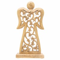 11" Brown Openwork Flat Mango Wood Angel Figurine