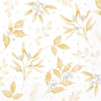 5" Square White and Gold Holly and Berries Beverage Napkins