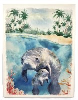 12" x 9" Manatee With Baby Coastal Canvas