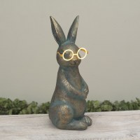 15" Verdigris Polyresin Bunny Wearing Solar Powered Glasses Statue