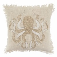 18" Sq Natural Octopus Finge Decorative Coastal Pillow