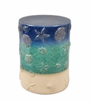 14" Round Blue and Green Shell Ceramic Stool