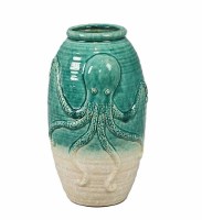 14" Green and White Octopus Ceramic Vase