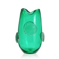 11.5" Green Clear With Disks Glass Vase