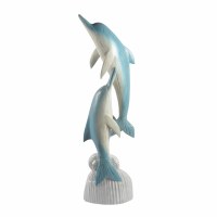 39" Blue and White Double Dolphin Wood Sculpture