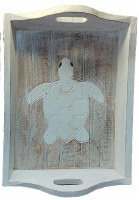 16" Whitewashed Wood Sea Turtle Tray With Handles