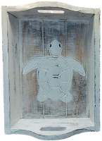 Small Whitewashed Wood Sea Turtle Tray With Handles