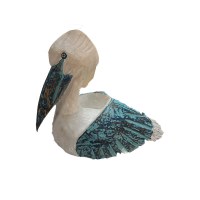 13" White and Turquoise Wood Pelican Figurine