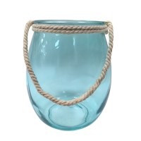8" Light Blue Glass Lantern With a Rope Handle