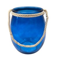 8" Dark Blue Glass Lantern With a Rope Handle