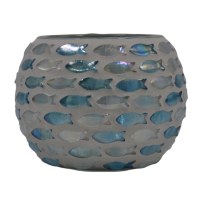 4" Blue and White Fish Mosaic Glass Votive Holder