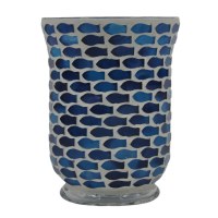 6" Blue Fish Mosaic Glass Votive Holder