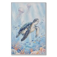 36 x 25" Sea Turtle Swimming Under the Water Framed Coastal Canvas