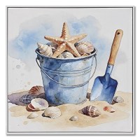21" Sq Bucket of Seashells Framed Coastal Canvas