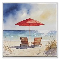 21" Sq Chairs Under a Red Umbrella on the Beach Framed Coastal Canvas