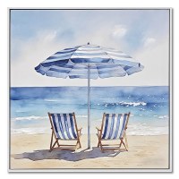 21" Sq Chairs Under a Blue Umbrella on the Beach Framed Coastal Canvas