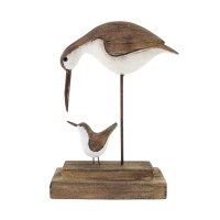 6" Brown and White Wood and Metal Shorebird With a Chick Statue