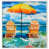 48" Sq Two Chairs With Yellow Umbrella on Beach Coastal Framed Canvas