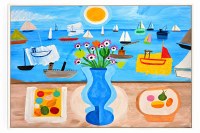 44" x 60" Blue Vase and Boats Coastal Framed Canvas
