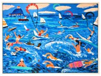44" x 60" Blue Water Swimmers Coastal Framed Canvas
